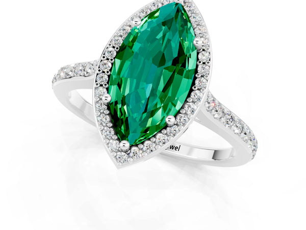 Silver Marquise Cut Emerald Halo Engagement Ring with Round Pavé Shoulders and Prong Setting