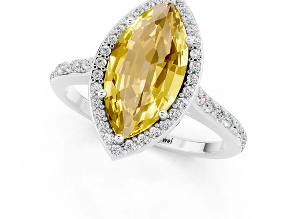Silver Marquise Cut Yellow Sapphire Halo Engagement Ring with Round Pavé Shoulders and Prong Setting