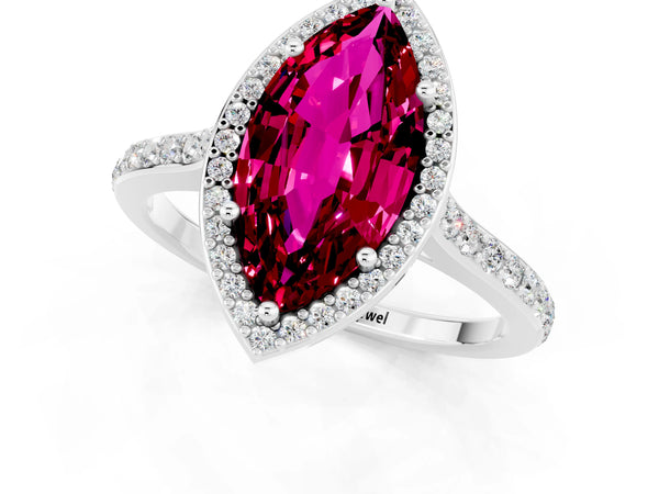 White gold Marquise Cut Garnet Halo Engagement Ring with Round Pavé Shoulders and Prong Setting