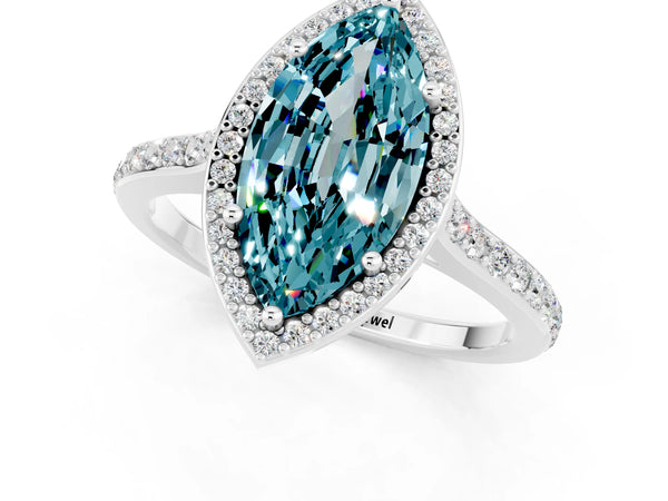 Silver Marquise Cut Halo Round Diamond Pavé Band with Four-Prong Setting