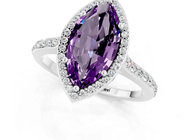 Platinum Marquise Cut Halo Round Diamond Pavé Band with Four-Prong Setting