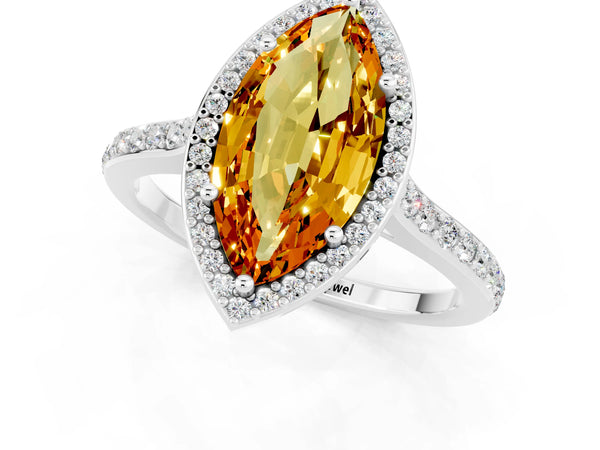 Platinum Marquise Cut Citrine Halo Engagement Ring with Round Pavé Shoulders and Prong Setting