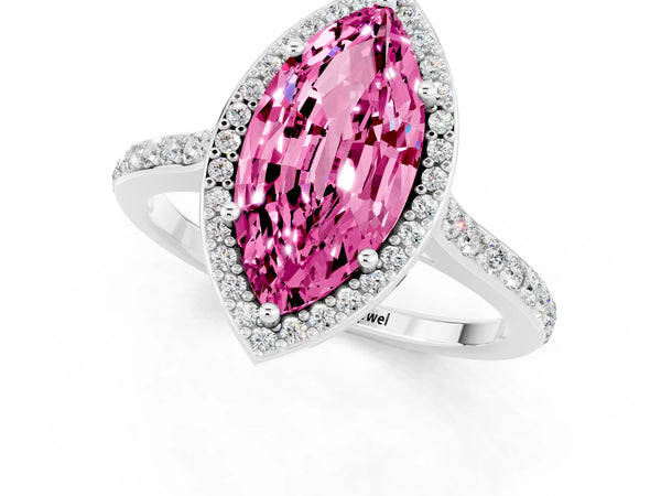 Platinum Marquise Cut Halo Round Diamond Pavé Band with Four-Prong Setting