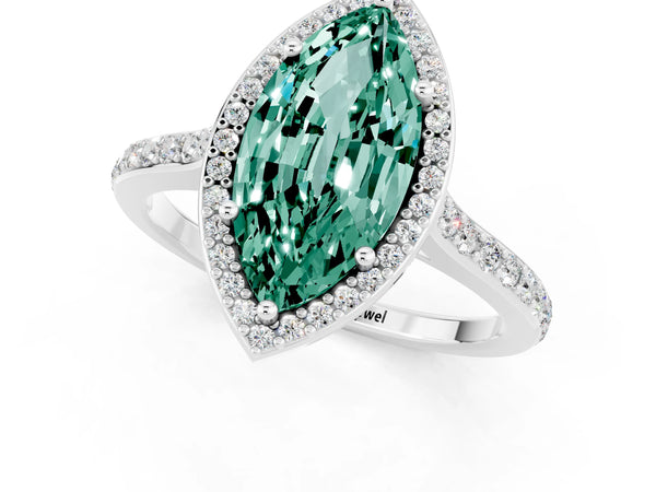 Platinum Marquise Cut Green Sapphire Halo Engagement Ring with Round Pavé Shoulders and Prong Setting