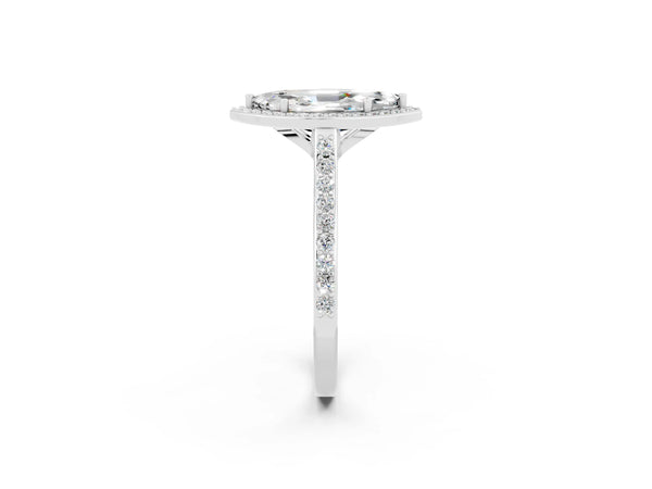 Platinum Marquise Cut Moissanite Halo Engagement Ring with Round Pavé Shoulders and Prong Setting