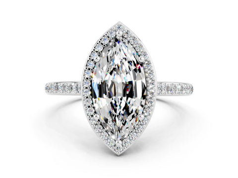 White gold Marquise Cut Halo Round Diamond Pavé Band with Four-Prong Setting