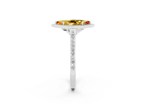 White gold Marquise Cut Citrine Halo Engagement Ring with Round Pavé Shoulders and Prong Setting