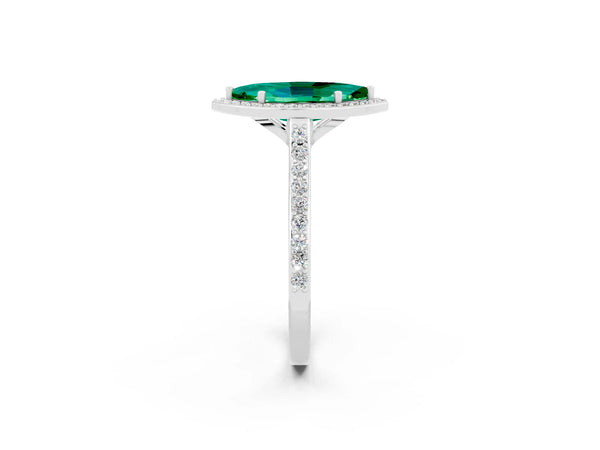 Silver Marquise Cut Emerald Halo Engagement Ring with Round Pavé Shoulders and Prong Setting