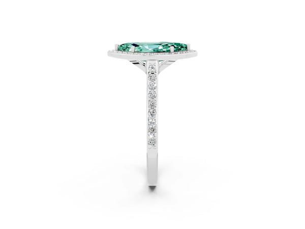 Platinum Marquise Cut Green Sapphire Halo Engagement Ring with Round Pavé Shoulders and Prong Setting