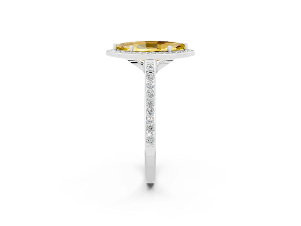 Platinum Marquise Cut Yellow Sapphire Halo Engagement Ring with Round Pavé Shoulders and Prong Setting
