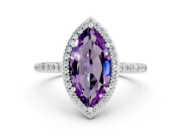 Platinum Marquise Cut Halo Round Diamond Pavé Band with Four-Prong Setting
