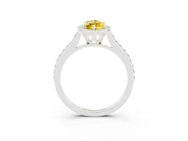 Silver Marquise Cut Yellow Sapphire Halo Engagement Ring with Round Pavé Shoulders and Prong Setting