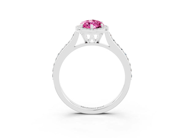 Platinum Marquise Cut Halo Round Diamond Pavé Band with Four-Prong Setting