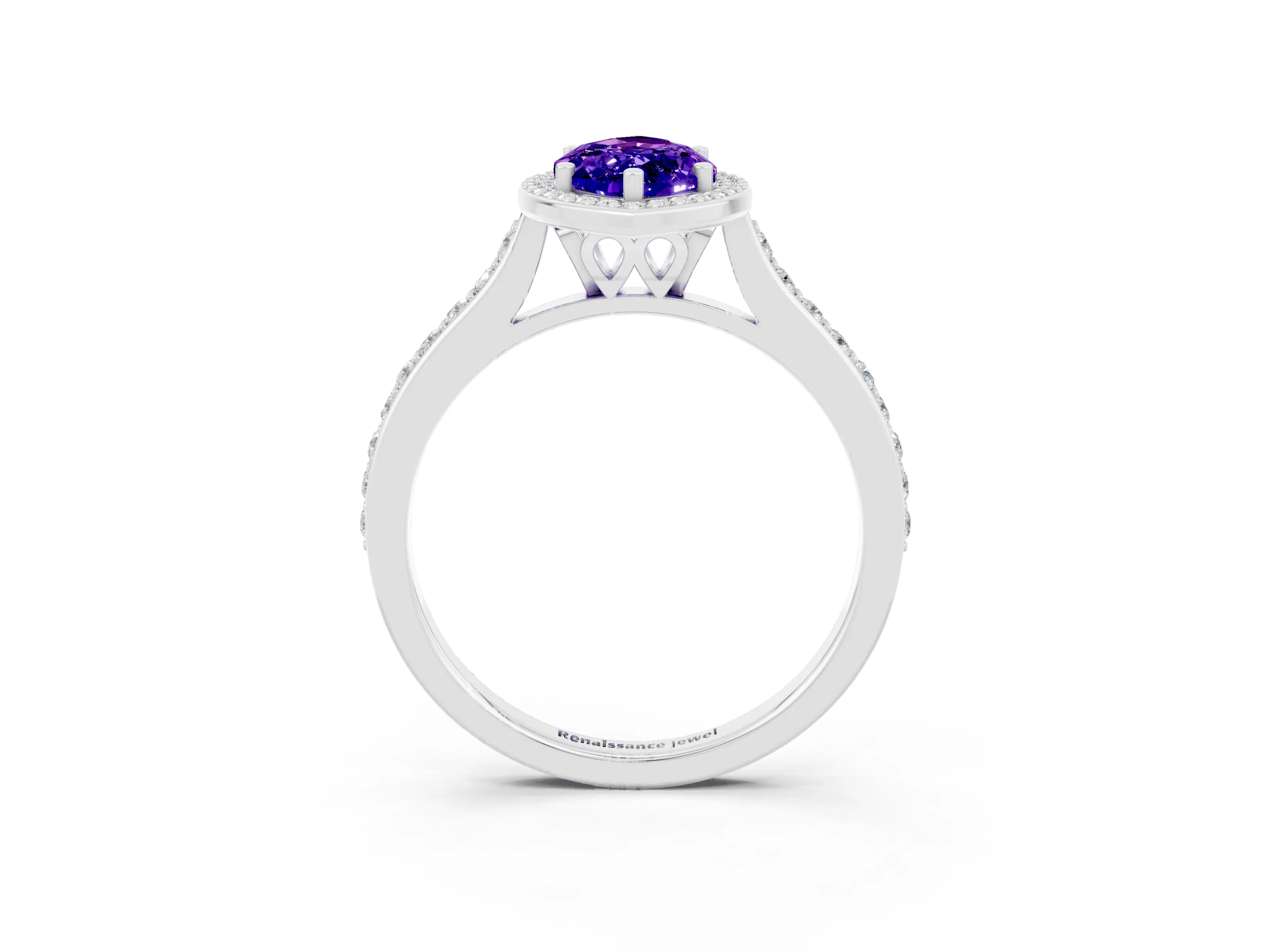 White gold Marquise Cut Halo Round Diamond Pavé Band with Four-Prong Setting_3