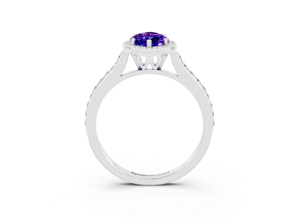 Silver Marquise Cut Tanzanite Halo Engagement Ring with Round Pavé Shoulders and Prong Setting