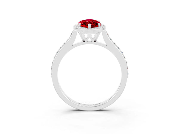 White gold Marquise Cut Halo Round Diamond Pavé Band with Four-Prong Setting