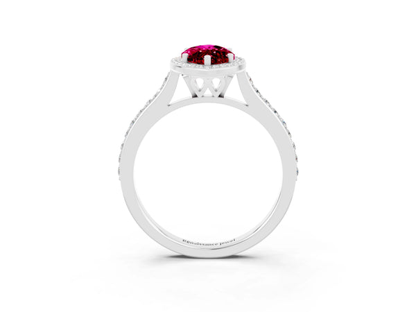 Platinum Marquise Cut Garnet Halo Engagement Ring with Round Pavé Shoulders and Prong Setting
