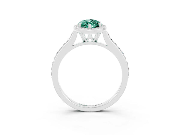 Platinum Marquise Cut Green Sapphire Halo Engagement Ring with Round Pavé Shoulders and Prong Setting
