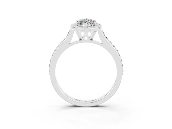 White gold Marquise Cut Moissanite Halo Engagement Ring with Round Pavé Shoulders and Prong Setting