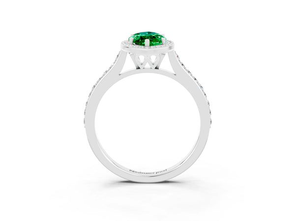 Silver Marquise Cut Emerald Halo Engagement Ring with Round Pavé Shoulders and Prong Setting