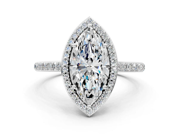 White gold Marquise Cut Halo Round Diamond Pavé Band with Four-Prong Setting