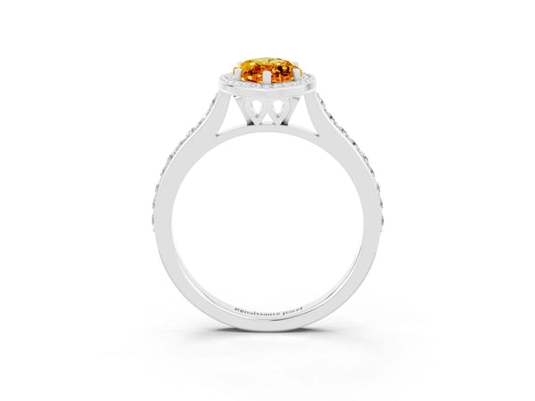 White gold Marquise Cut Citrine Halo Engagement Ring with Round Pavé Shoulders and Prong Setting