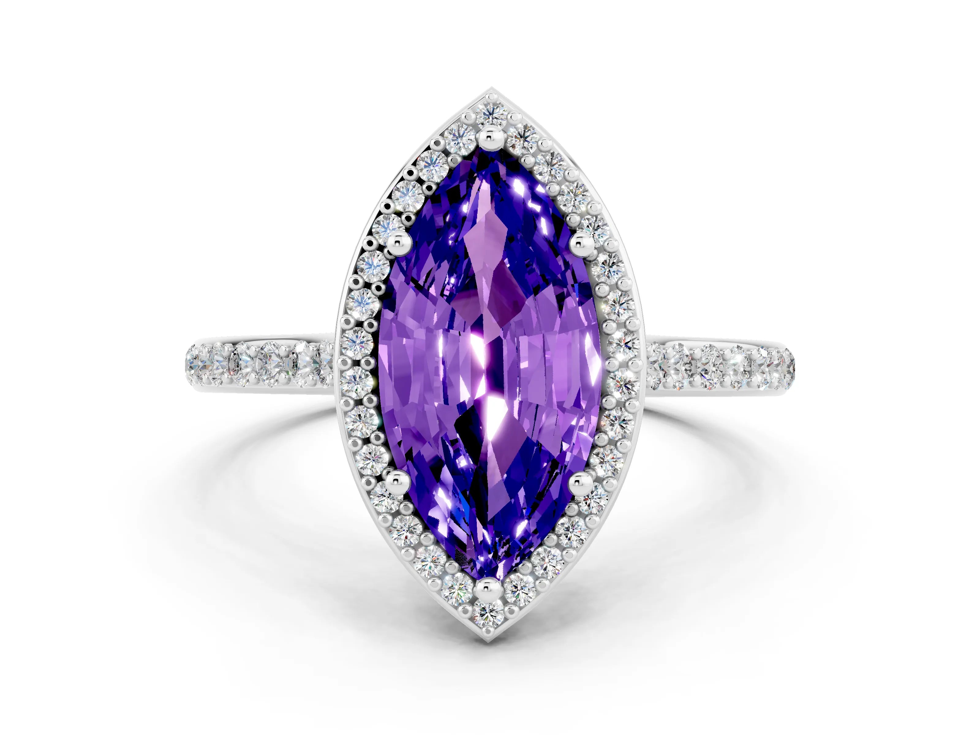 White gold Marquise Cut Halo Round Diamond Pavé Band with Four-Prong Setting