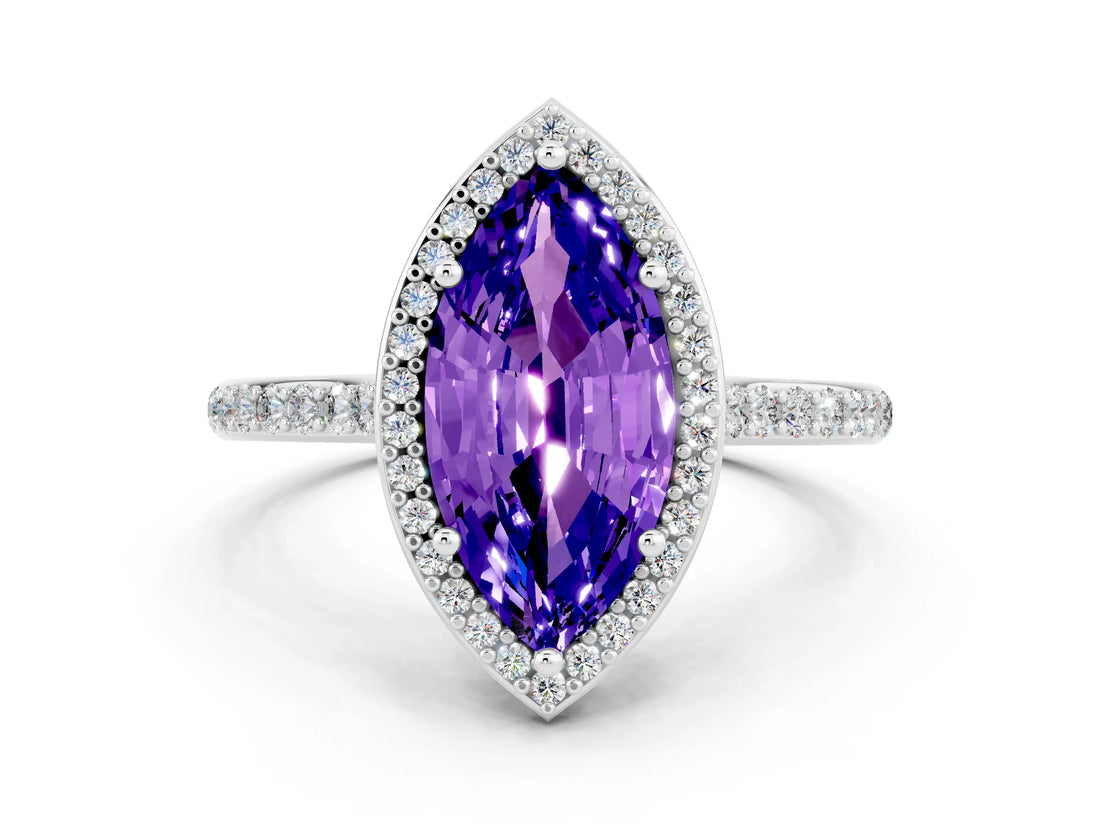 White gold Marquise Cut Halo Round Diamond Pavé Band with Four-Prong Setting
