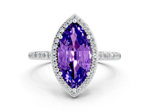 White gold Marquise Cut Halo Round Diamond Pavé Band with Four-Prong Setting