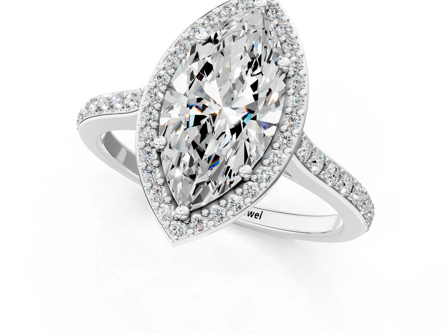 White gold Marquise Cut Halo Round Diamond Pavé Band with Four-Prong Setting