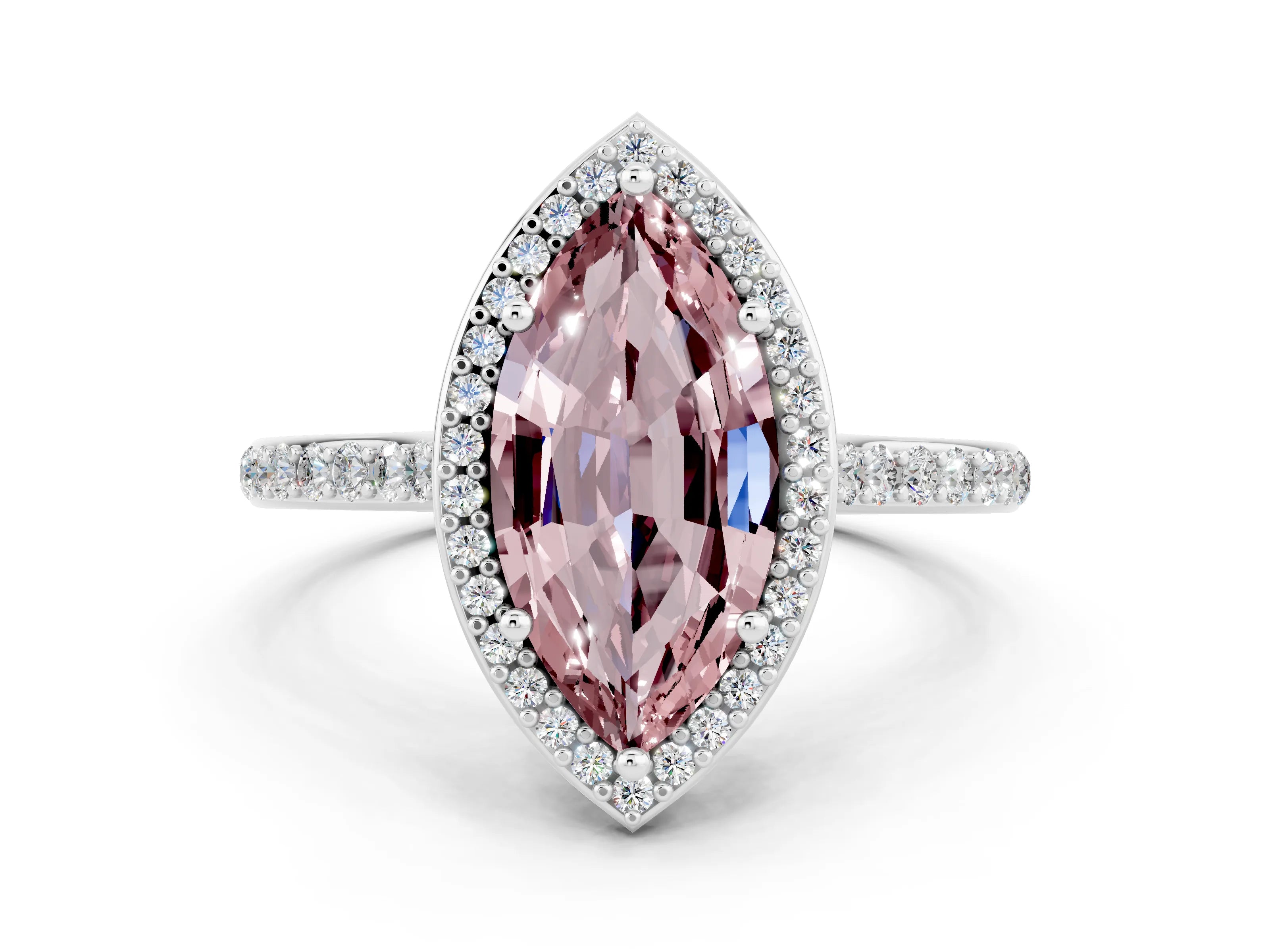White gold Marquise Cut Halo Round Diamond Pavé Band with Four-Prong Setting