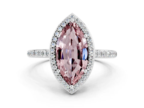 White gold Marquise Cut Halo Round Diamond Pavé Band with Four-Prong Setting