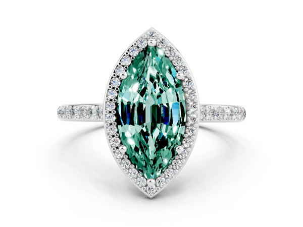 Platinum Marquise Cut Green Sapphire Halo Engagement Ring with Round Pavé Shoulders and Prong Setting