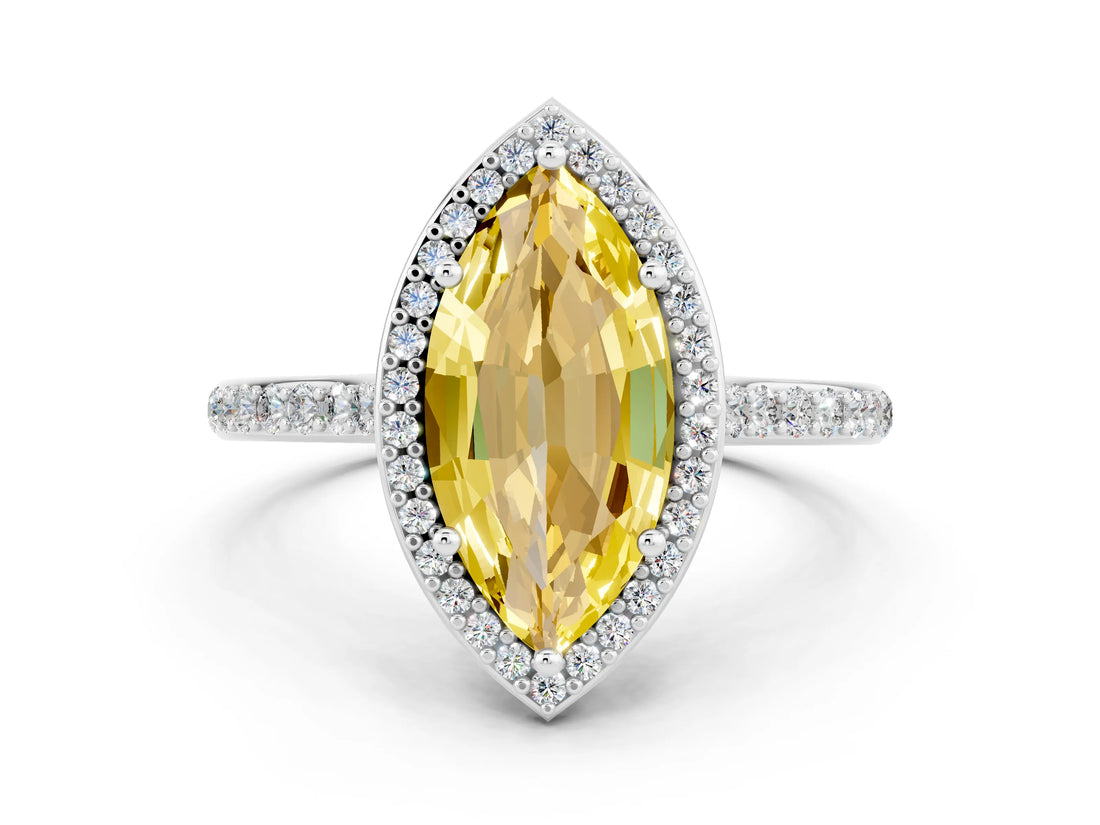 White gold Marquise Cut Halo Round Diamond Pavé Band with Four-Prong Setting