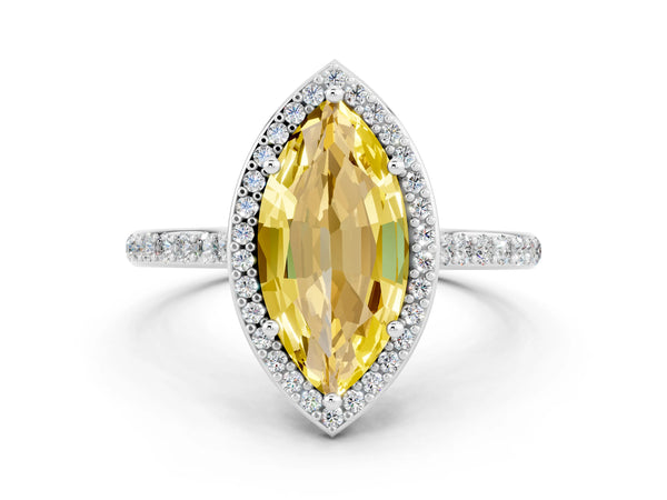 Platinum Marquise Cut Yellow Sapphire Halo Engagement Ring with Round Pavé Shoulders and Prong Setting
