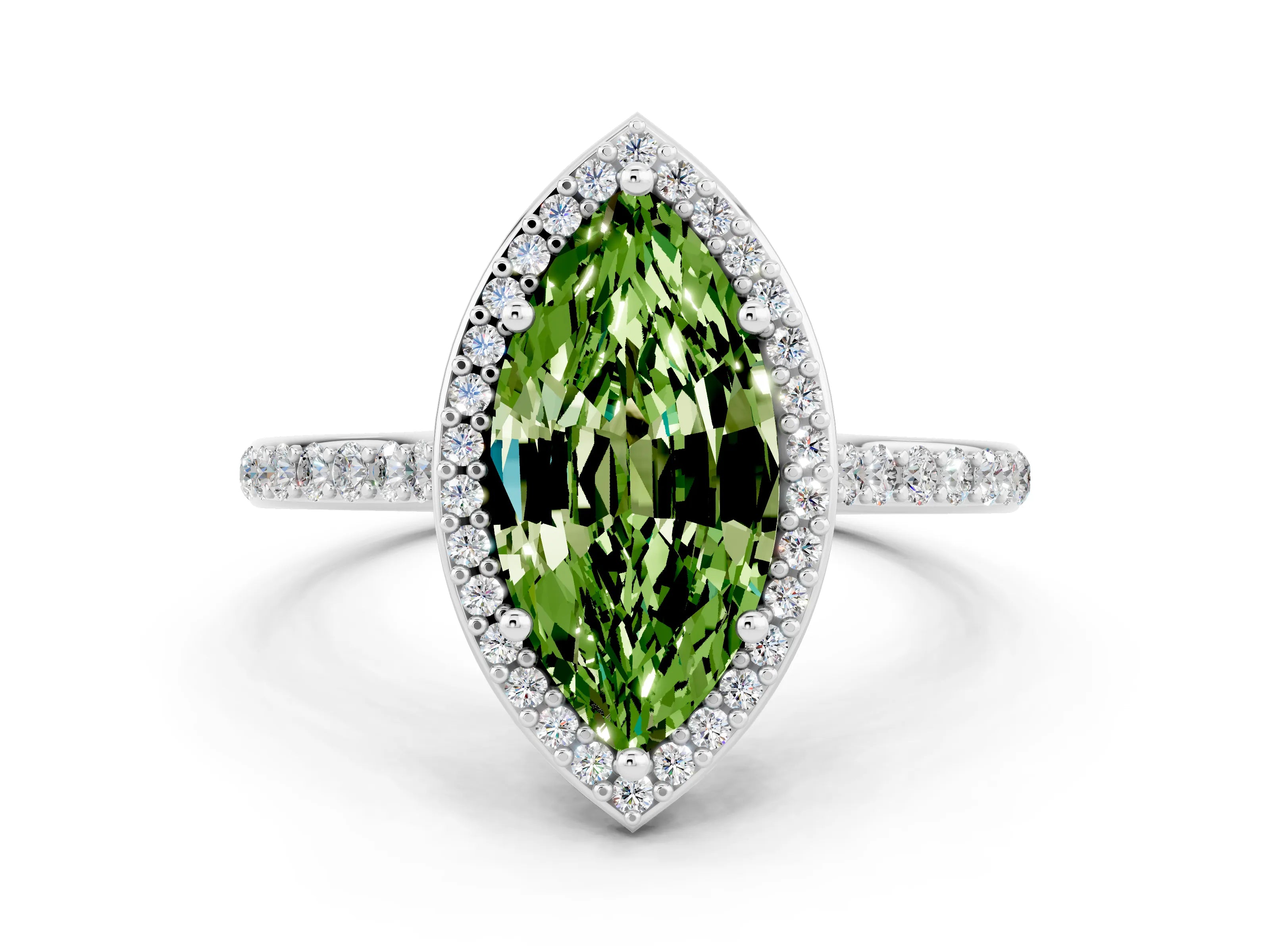 White gold Marquise Cut Halo Round Diamond Pavé Band with Four-Prong Setting