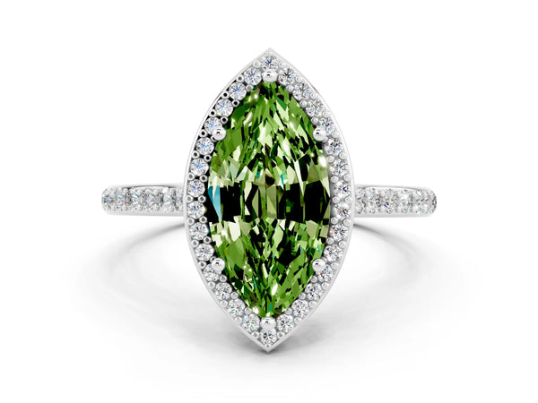 Silver Marquise Cut Halo Round Diamond Pavé Band with Four-Prong Setting