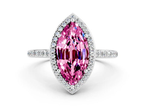 White gold Marquise Cut Halo Round Diamond Pavé Band with Four-Prong Setting