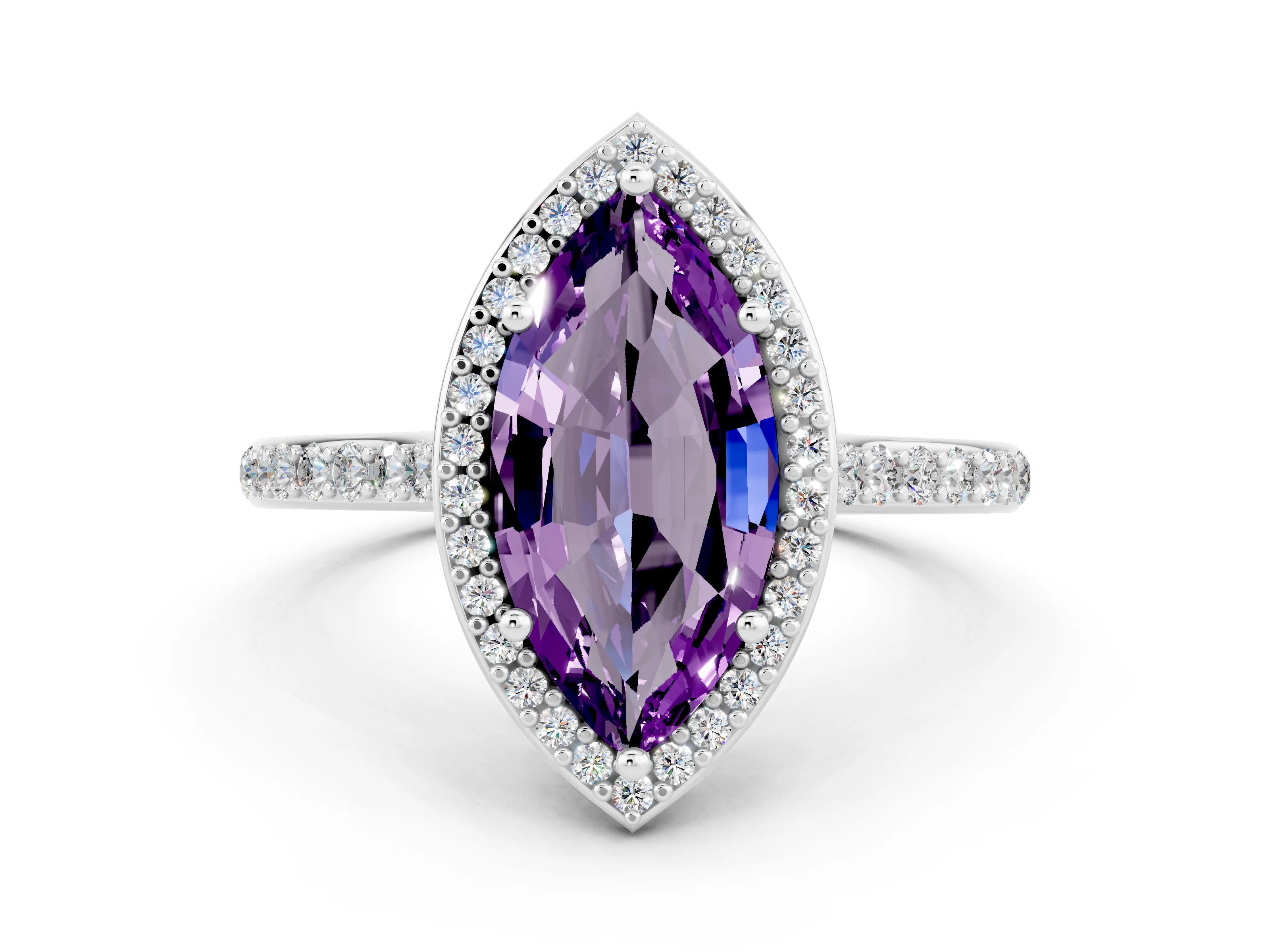 White gold Marquise Cut Halo Round Diamond Pavé Band with Four-Prong Setting