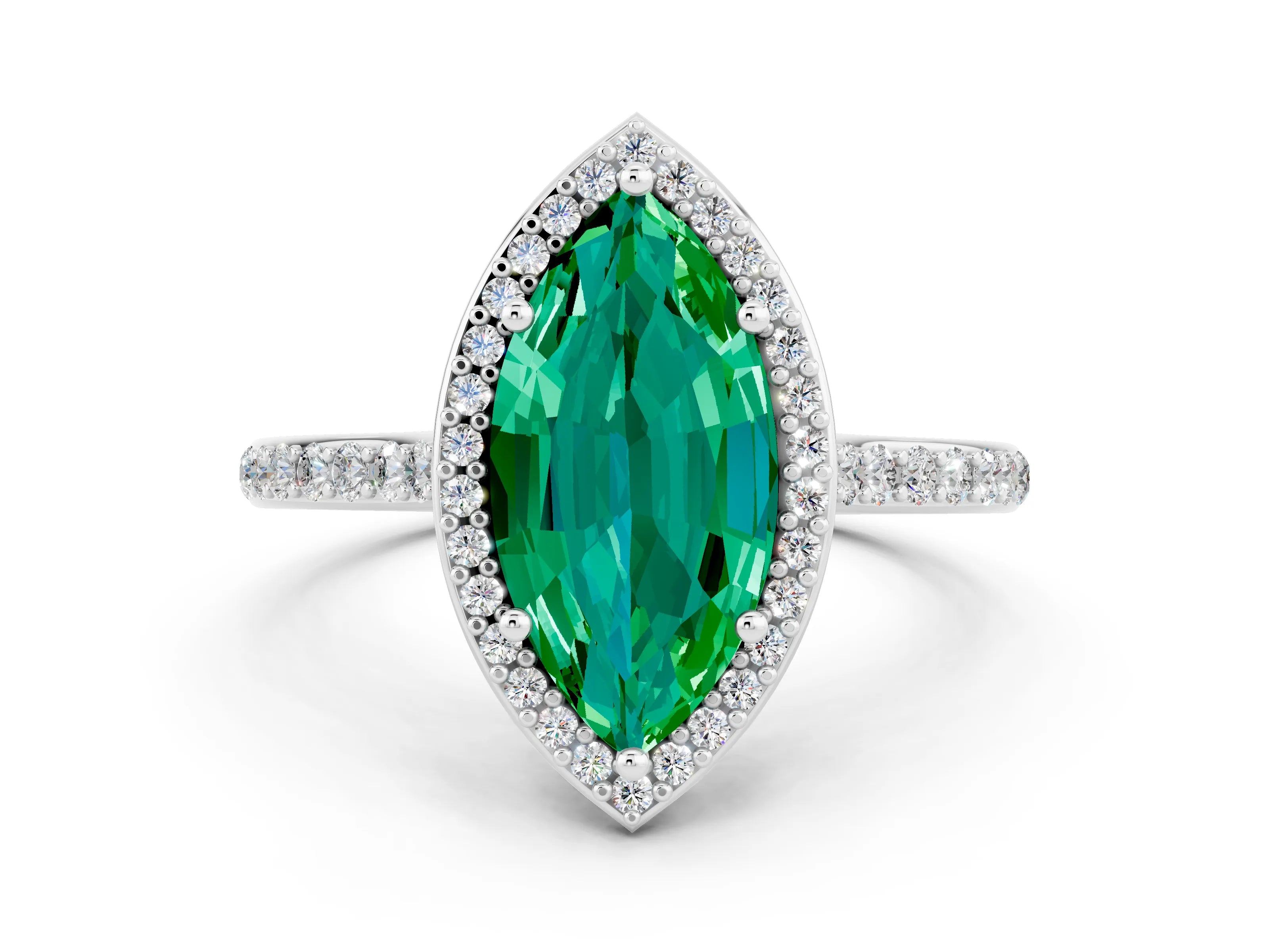 White gold Marquise Cut Halo Round Diamond Pavé Band with Four-Prong Setting