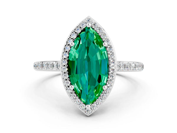Silver Marquise Cut Emerald Halo Engagement Ring with Round Pavé Shoulders and Prong Setting