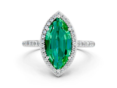 White gold Marquise Cut Halo Round Diamond Pavé Band with Four-Prong Setting