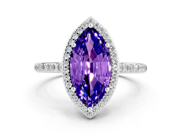 Silver Marquise Cut Tanzanite Halo Engagement Ring with Round Pavé Shoulders and Prong Setting