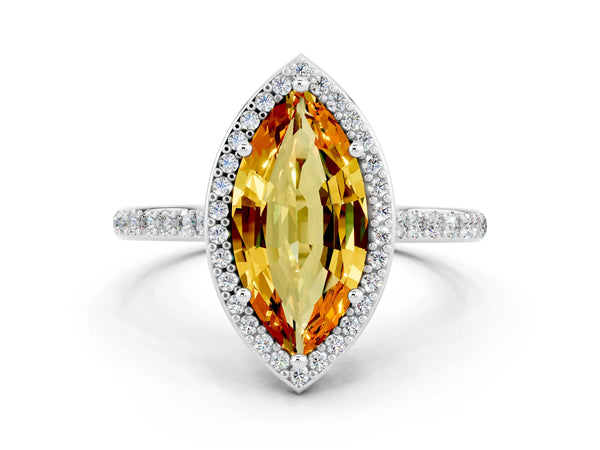 Silver Marquise Cut Citrine Halo Engagement Ring with Round Pavé Shoulders and Prong Setting