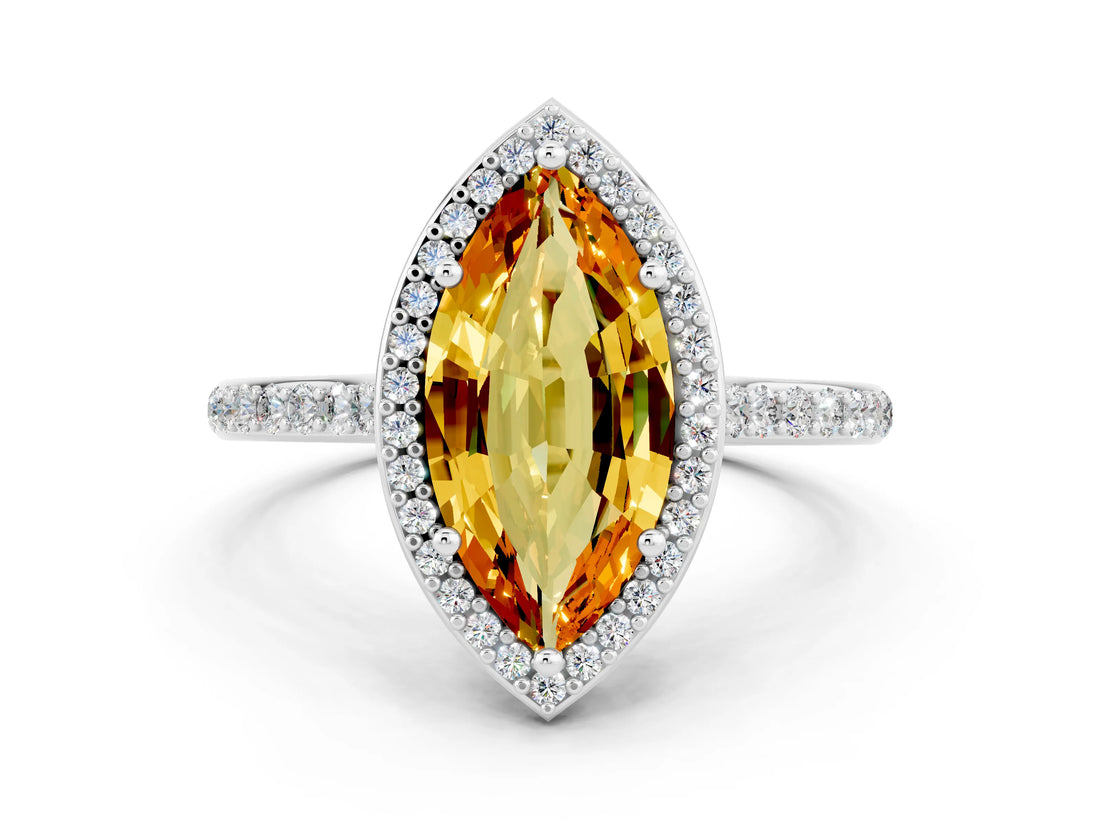 White gold Marquise Cut Halo Round Diamond Pavé Band with Four-Prong Setting