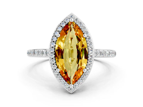 White gold Marquise Cut Halo Round Diamond Pavé Band with Four-Prong Setting