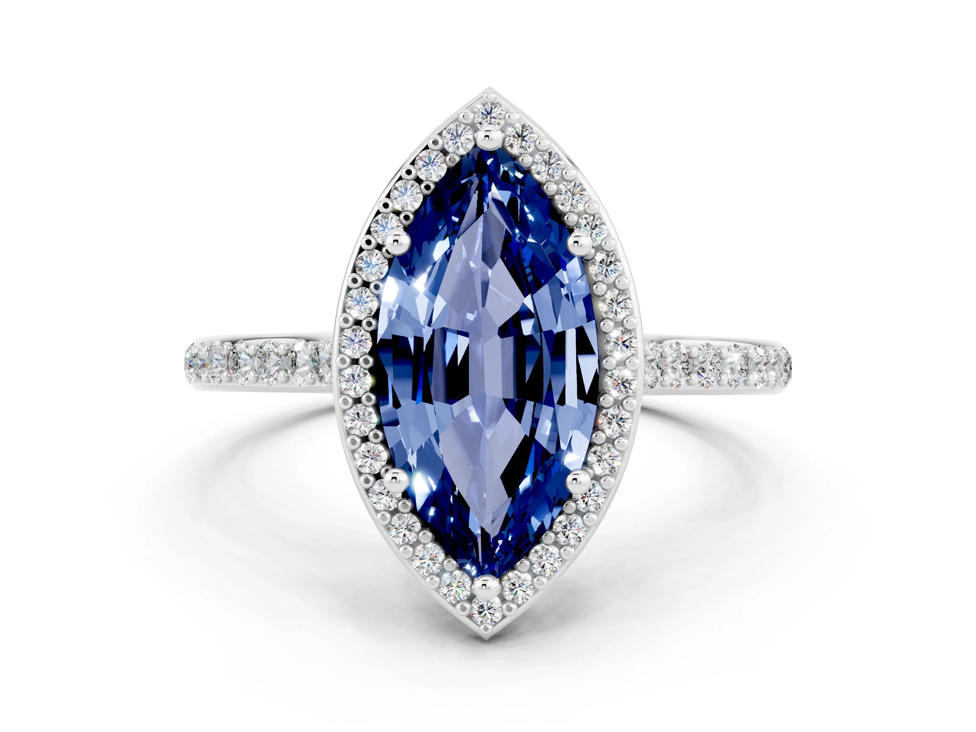 White gold Marquise Cut Halo Round Diamond Pavé Band with Four-Prong Setting