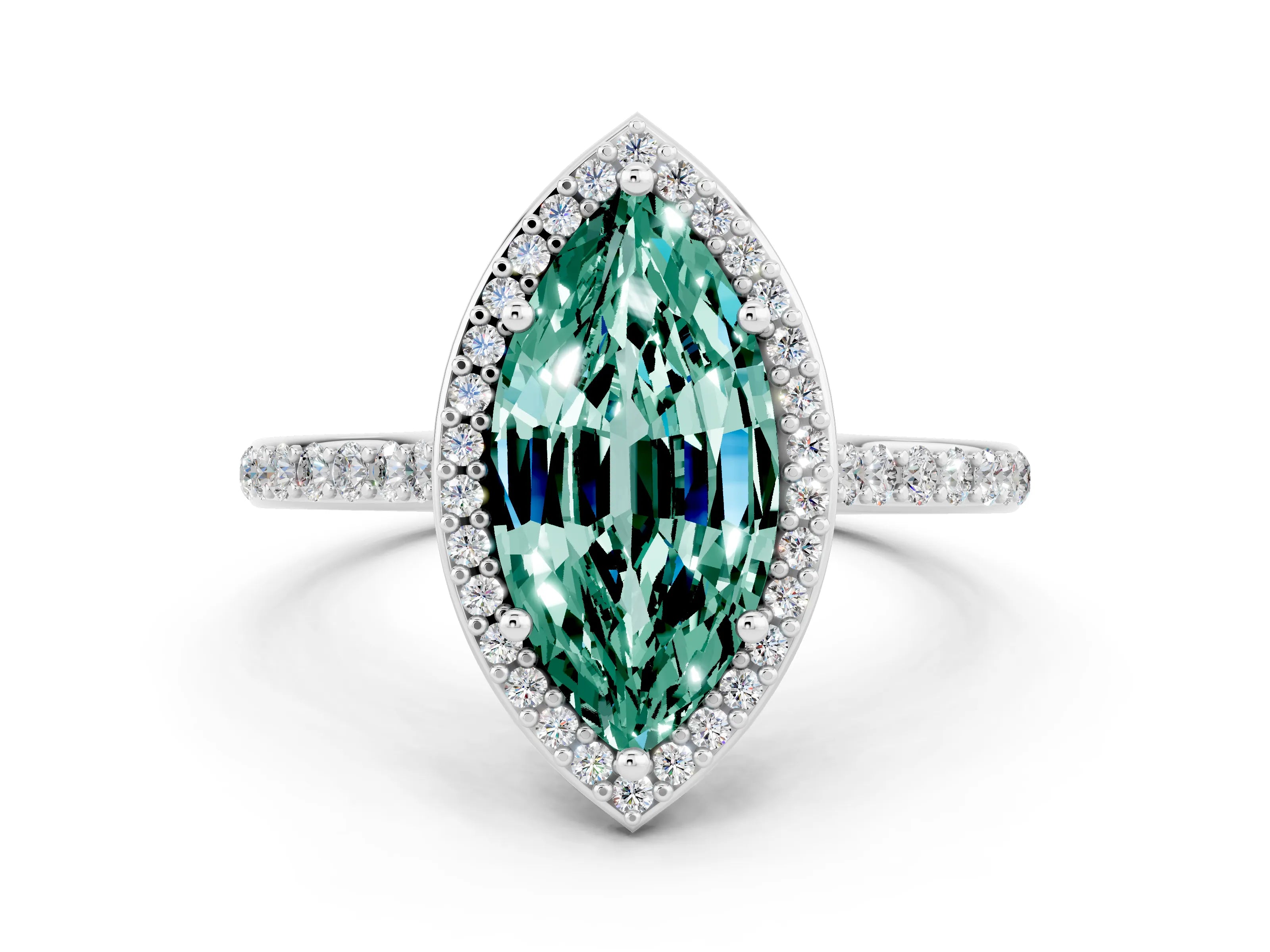 White gold Marquise Cut Halo Round Diamond Pavé Band with Four-Prong Setting