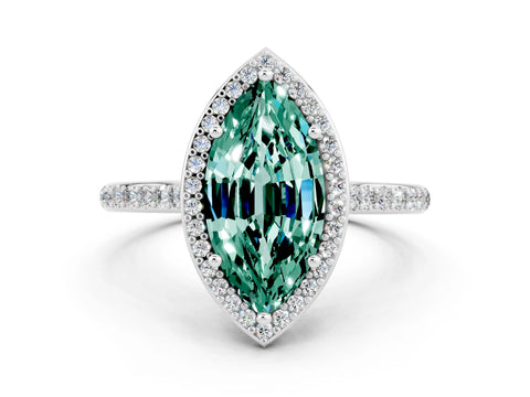 White gold Marquise Cut Halo Round Diamond Pavé Band with Four-Prong Setting