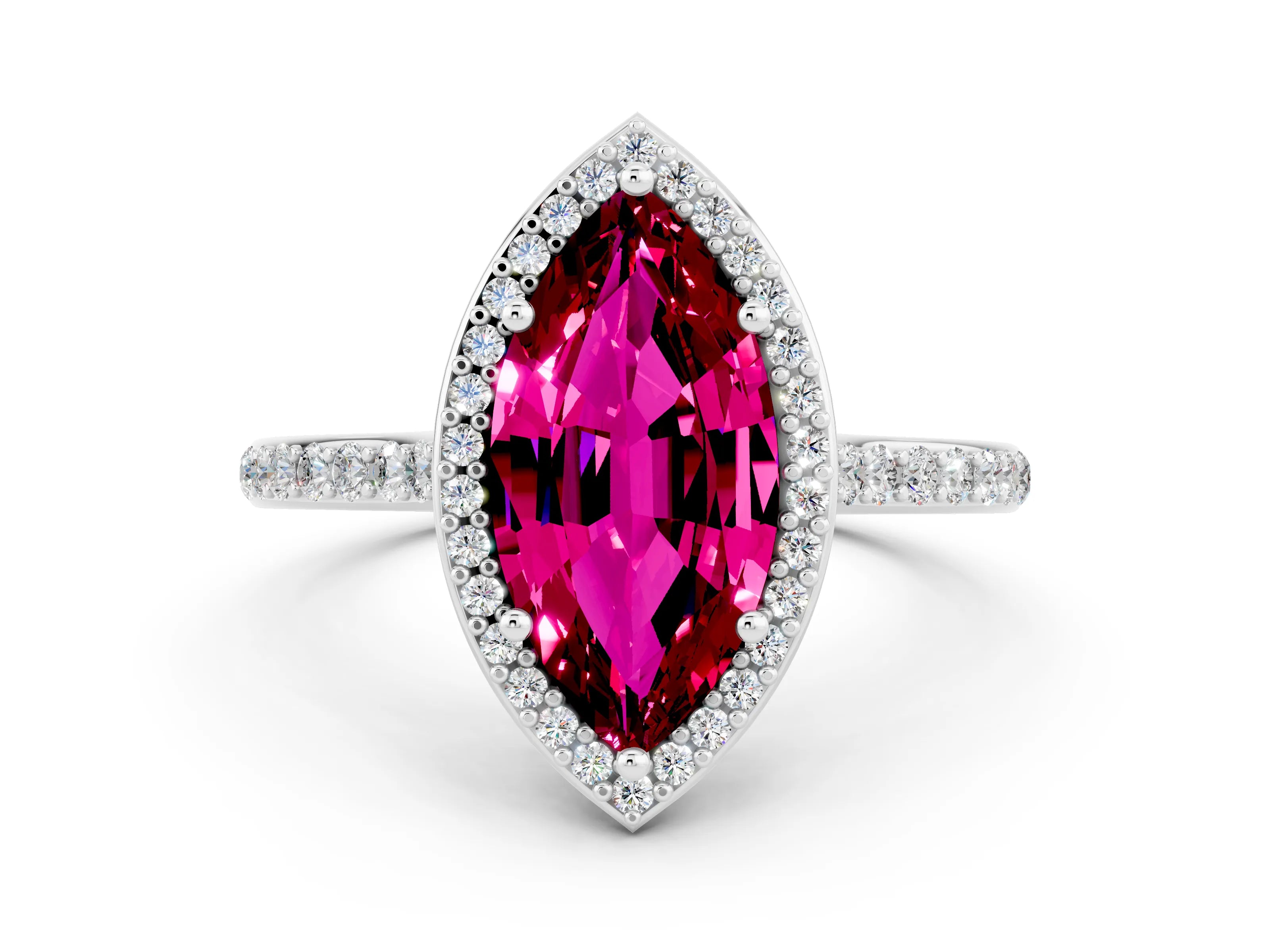White gold Marquise Cut Halo Round Diamond Pavé Band with Four-Prong Setting